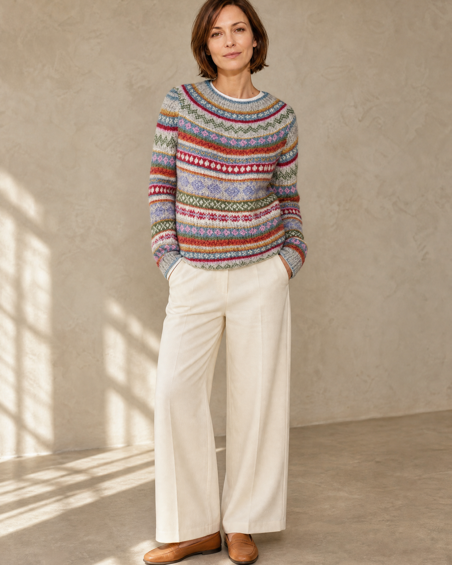 Women's Multicolour Patterned Crew Neck Sweater in Purple, hands in pockets, worn by model