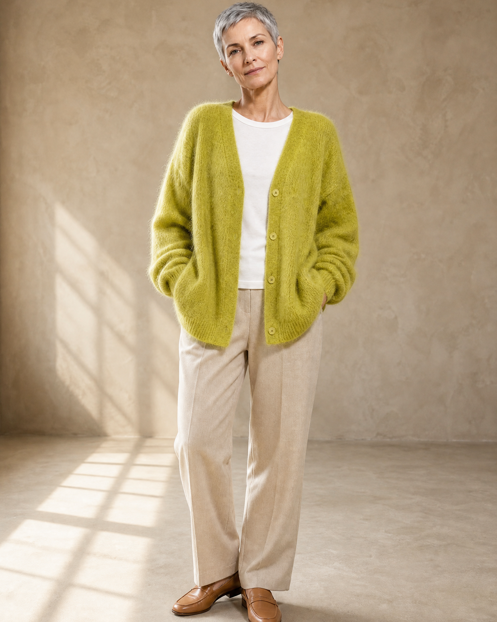 Women's V-Neck Button Cardigan with Pockets in Matcha green, hands in pockets, worn by model