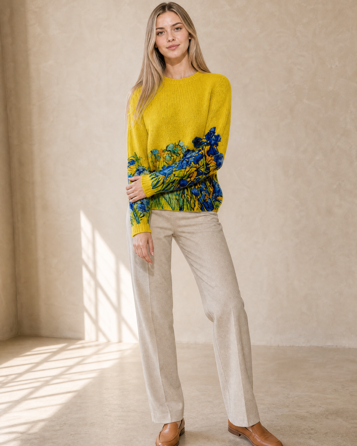 Women's Multicolour Patterned Crew Neck Sweater in Bright Yellow, loose arm cross, worn by model