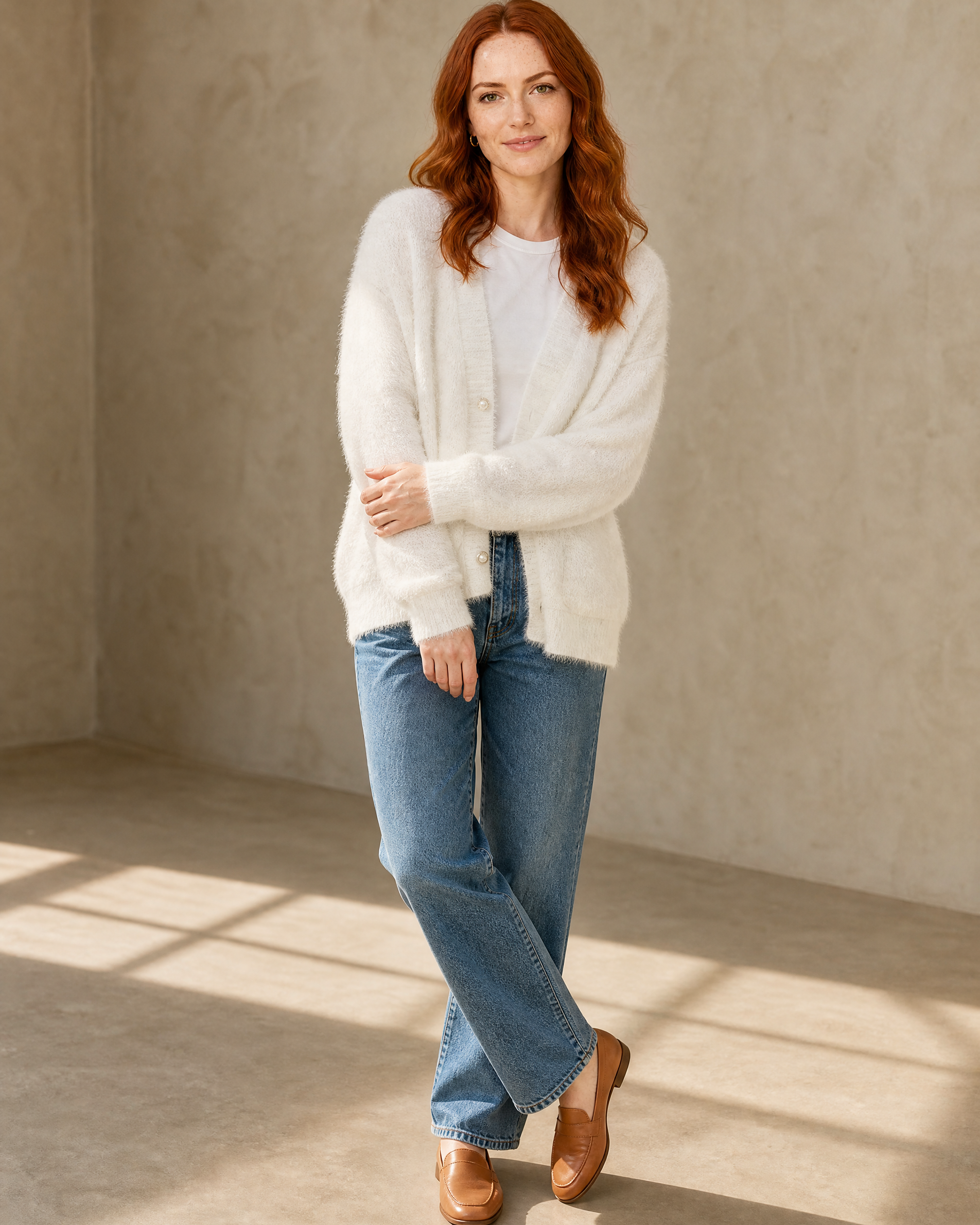 Women's Fuzzy Button Cardigan with Patch Pockets in White, loose arm cross, worn by model
