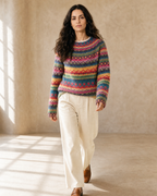 Women's Multicolour Patterned Crew Neck Sweater in Rose Red, walking toward camera, worn by model
