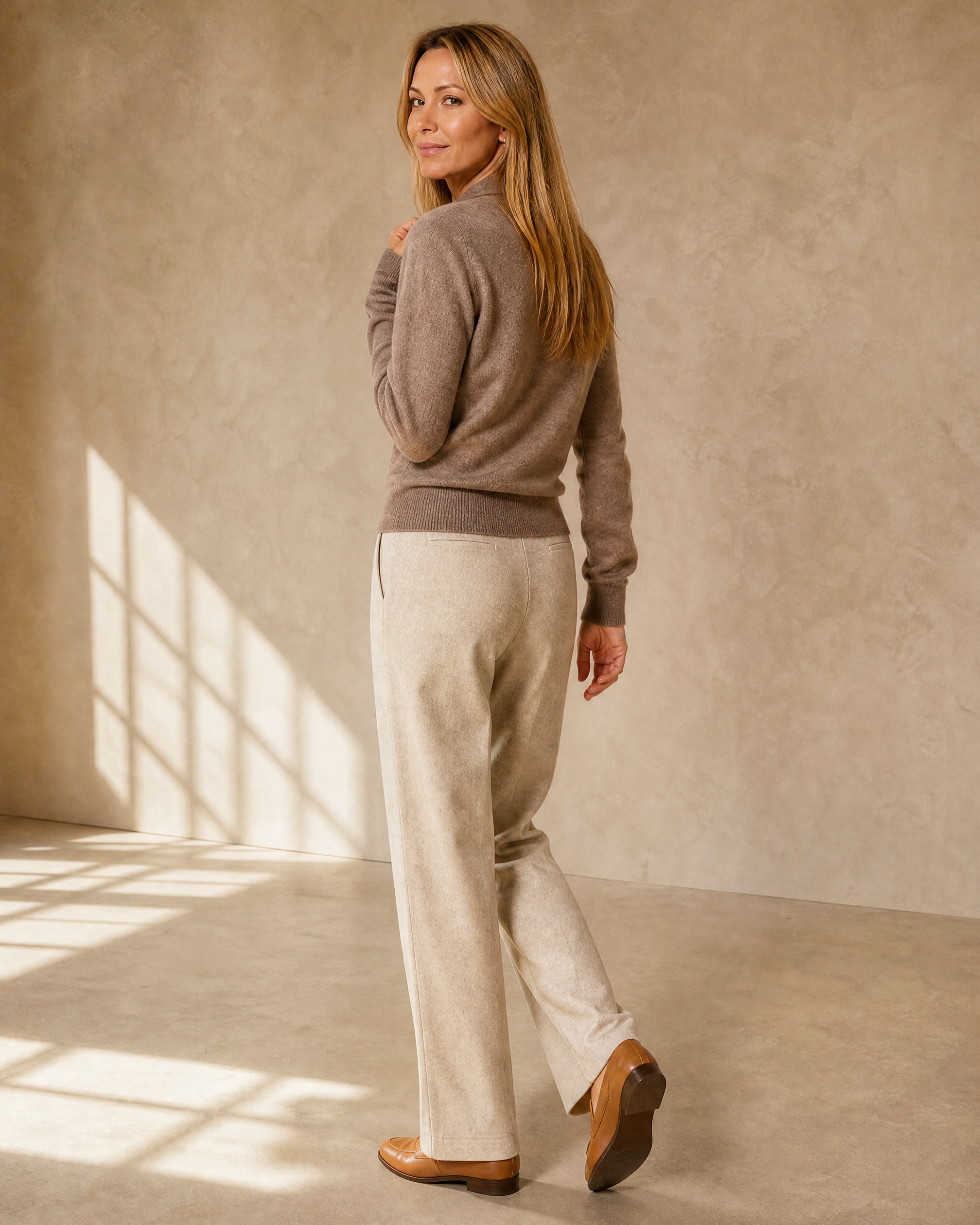 Women's Wrap V-Neck Knit Sweater for Everyday Layering in Original velvet color, walking away, glance back, worn by model