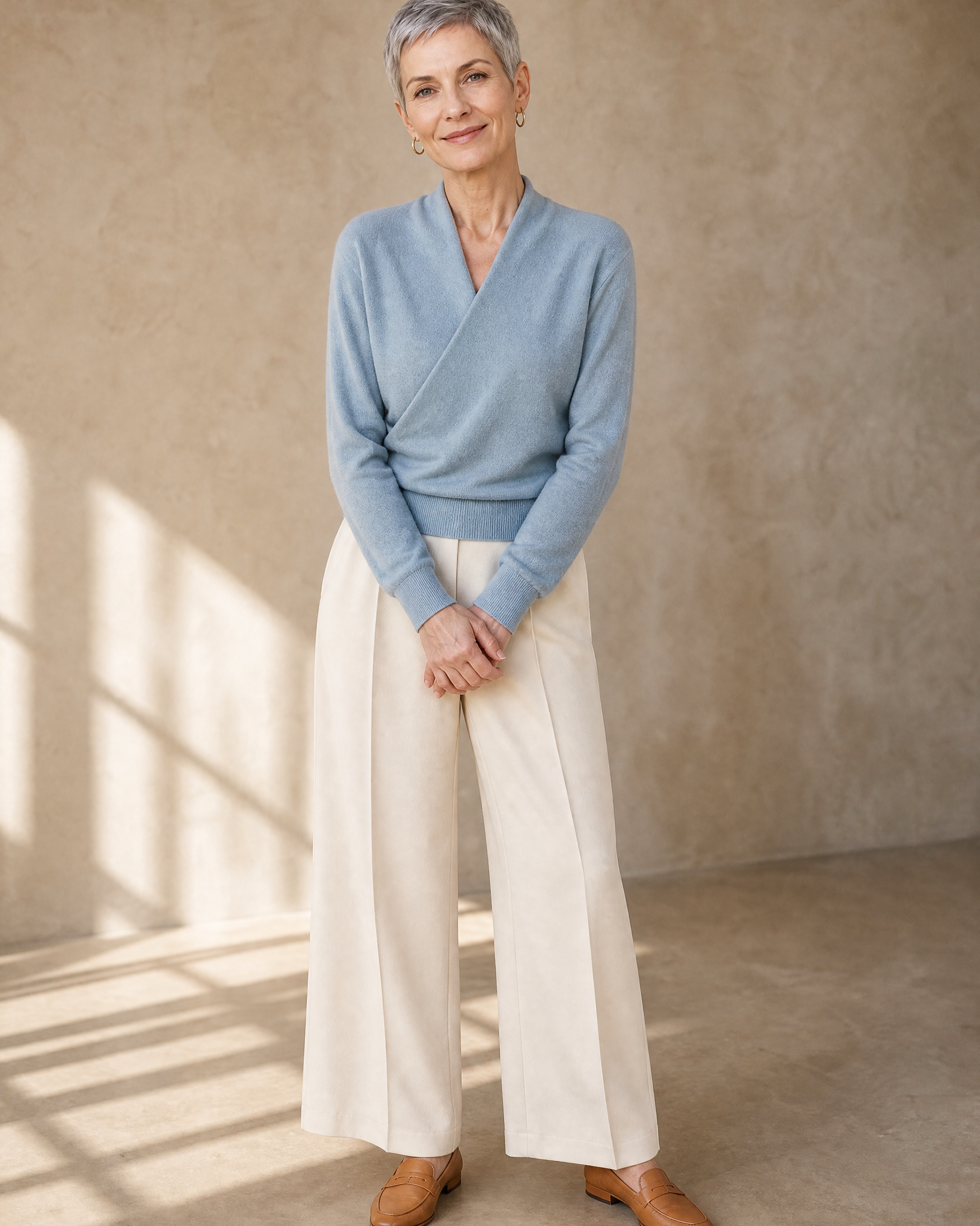 Women's Wrap V-Neck Knit Sweater for Everyday Layering in Stone blue, hands clasped front, worn by model