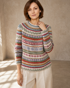 Women's Multicolour Patterned Crew Neck Sweater in Purple, one hand at collar, worn by model