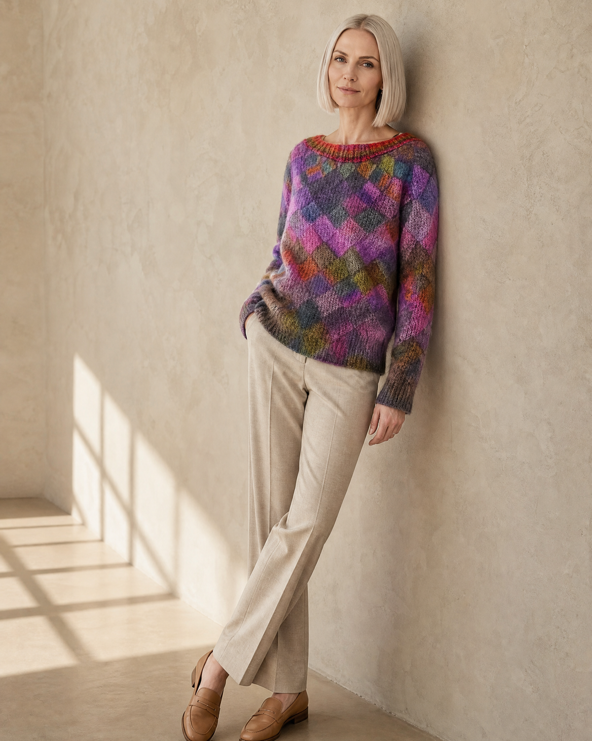 Women's Multicolour Patterned Crew Neck Sweater in Square, shoulder wall lean, worn by model