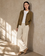 Women's Stand Collar Button Front Cardigan in Deep Camel Color, shoulder wall lean, worn by model