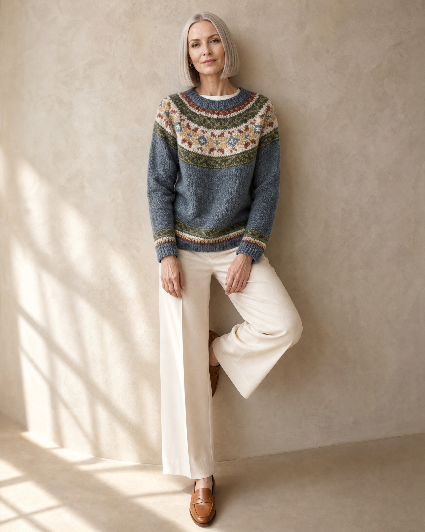 Women's Fashionable Pullover Sweater Top in Sea Blue, back to wall, knee bent, worn by model