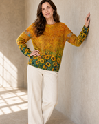 Women's Multicolour Patterned Crew Neck Sweater in Sunflower, forearm on wall, worn by model