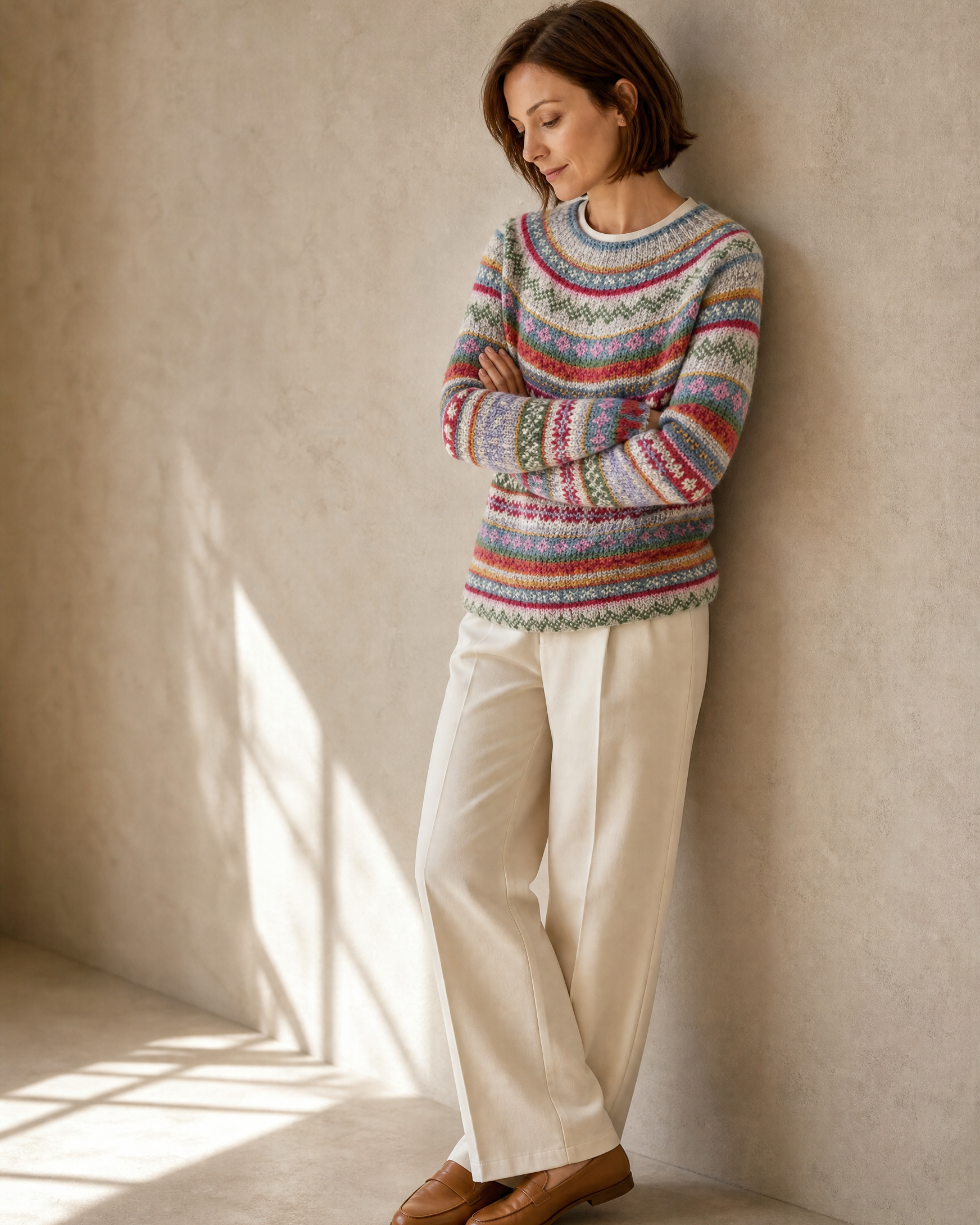 Women's Multicolour Patterned Crew Neck Sweater in Purple, wall lean, looking down, worn by model