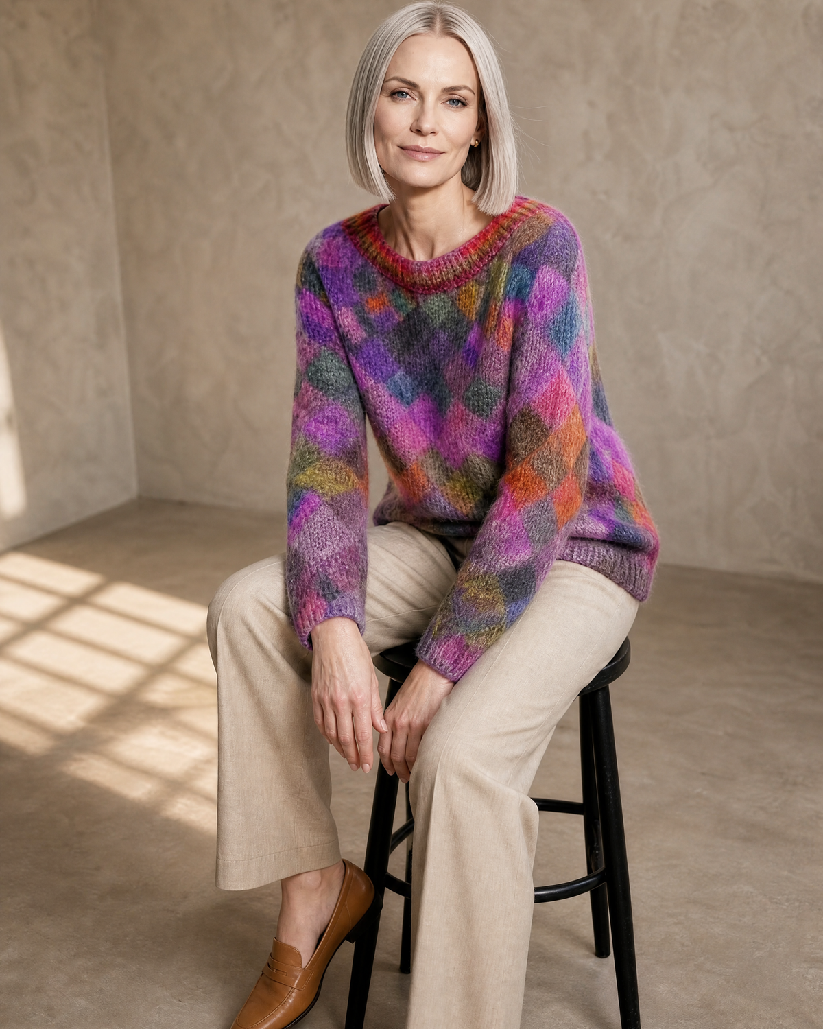 Women's Multicolour Patterned Crew Neck Sweater in Square, stool, forearms on thighs, worn by model