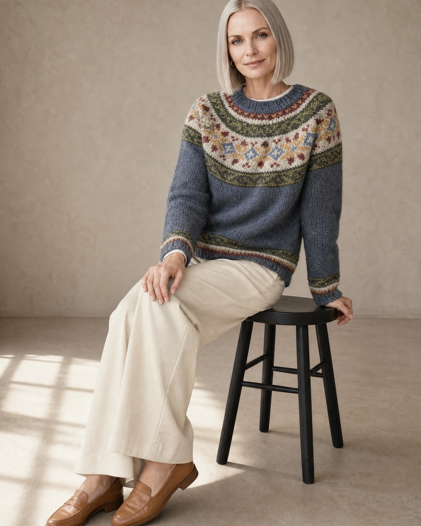 Women's Fashionable Pullover Sweater Top in Sea Blue, stool, side saddle profile, worn by model
