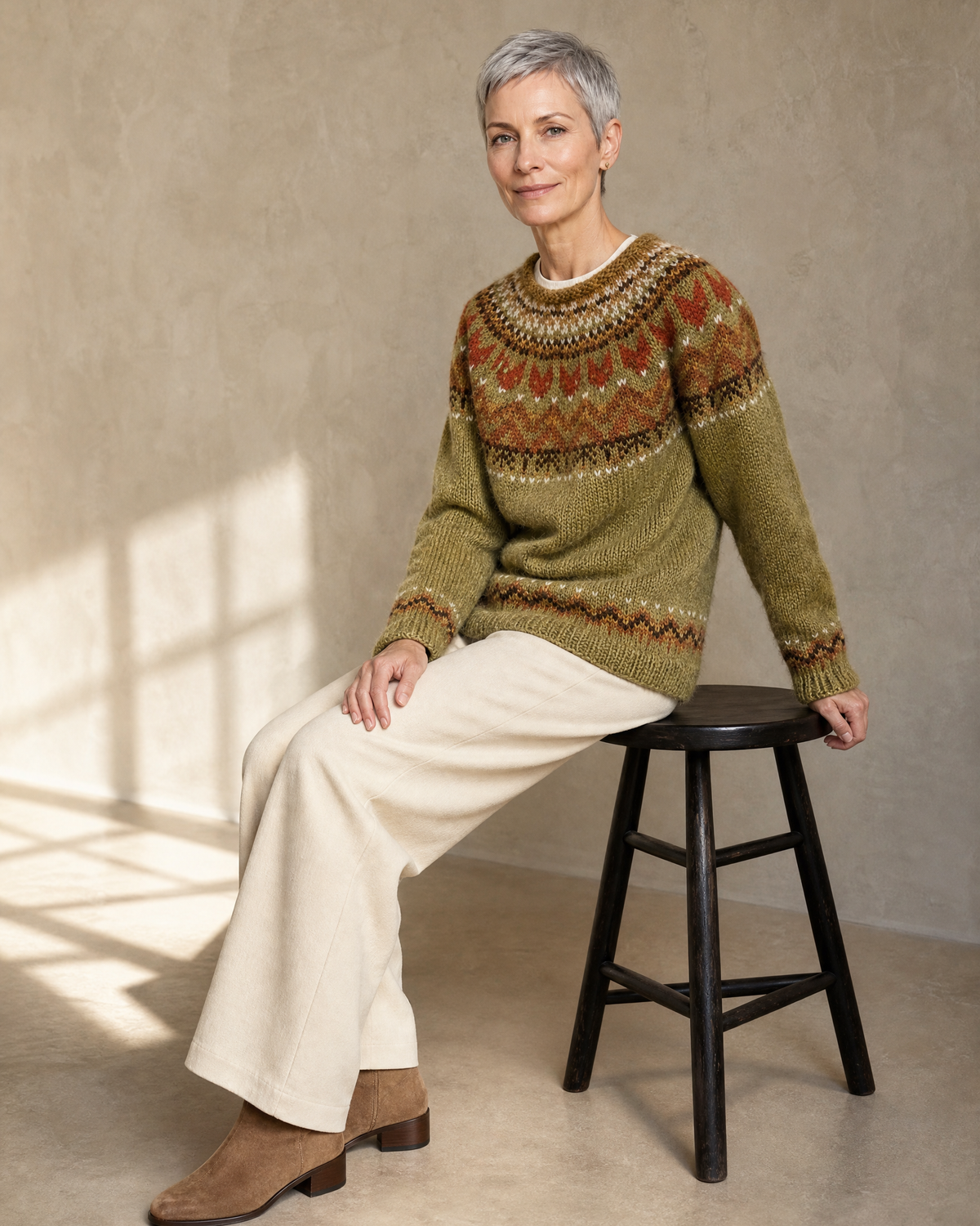 Women's Multicolour Patterned Crew Neck Sweater in Olive, stool, side saddle profile, worn by model