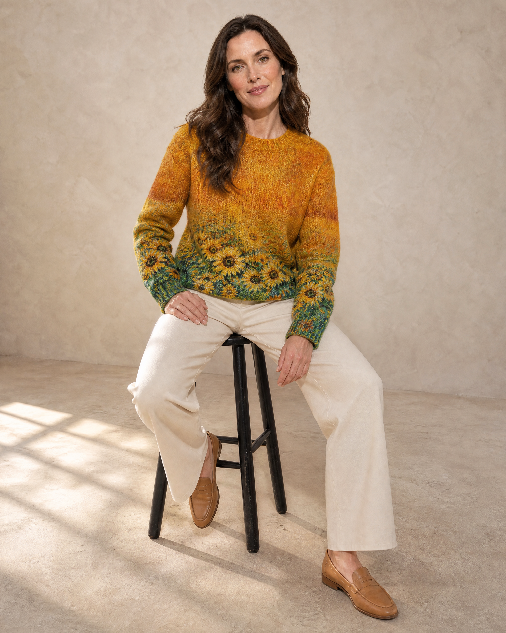 Women's Multicolour Patterned Crew Neck Sweater in Sunflower, stool, leaning back, worn by model