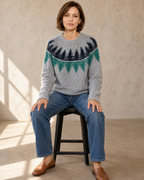 Women's Fashionable Pullover Sweater Top in Teal, stool, facing camera, worn by model