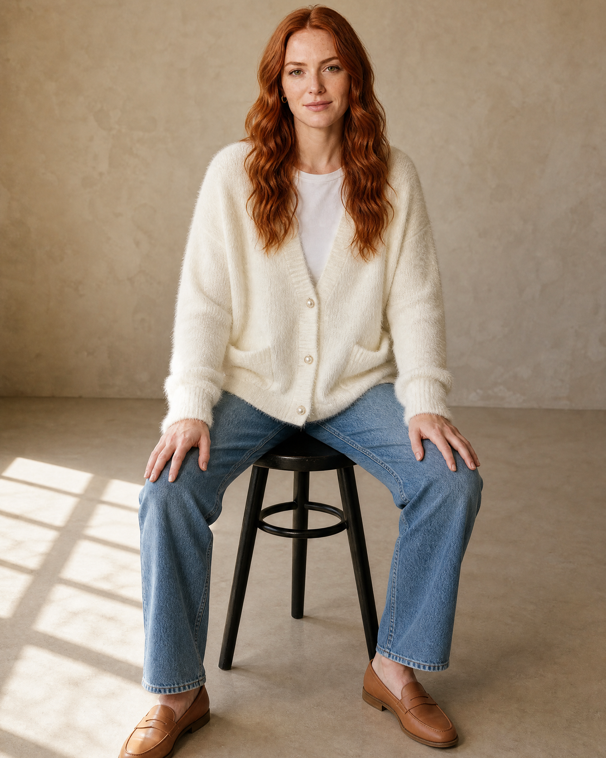 Women's Fuzzy Button Cardigan with Patch Pockets in White, stool, facing camera, worn by model