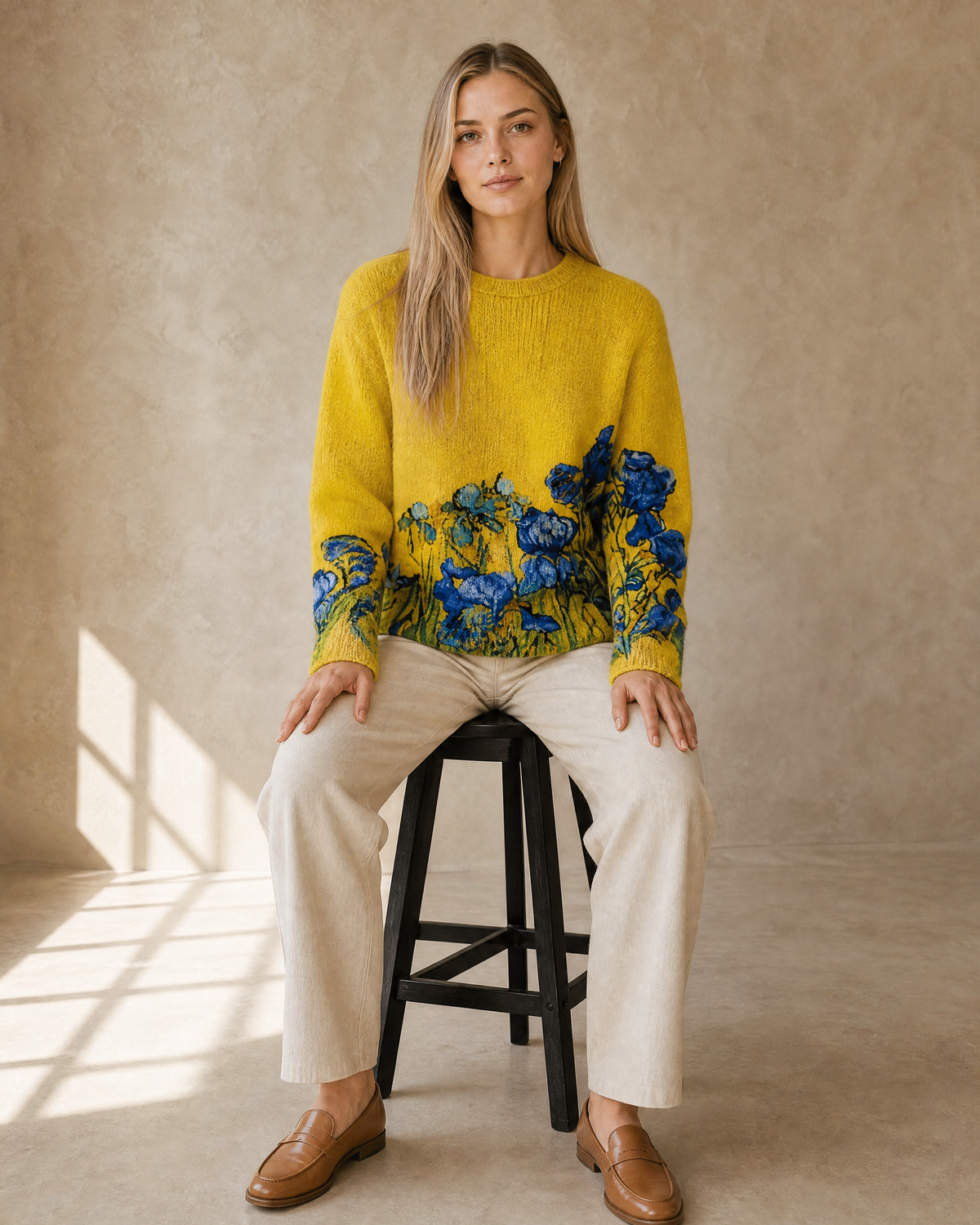 Women's Multicolour Patterned Crew Neck Sweater in Bright Yellow, stool, facing camera, worn by model