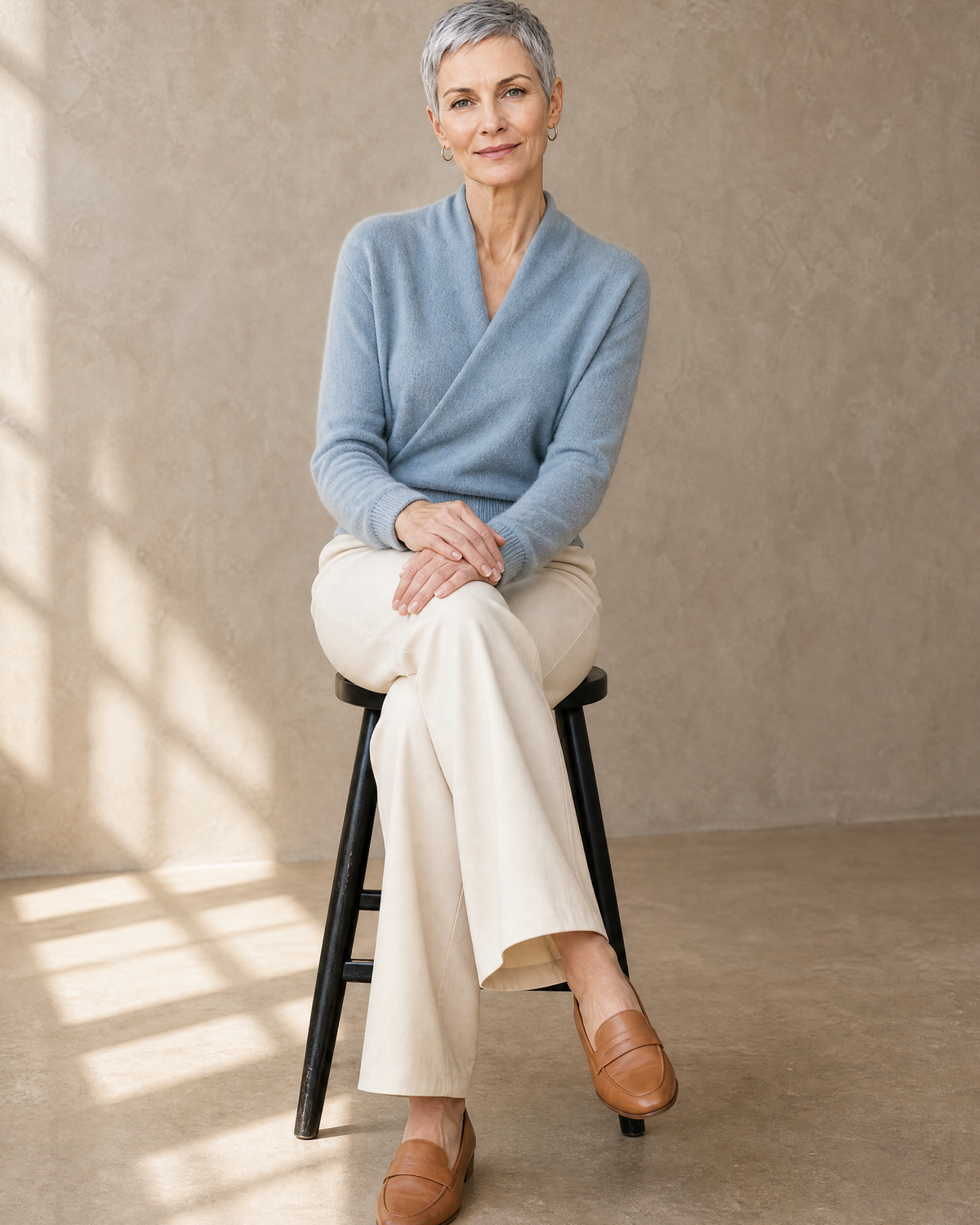 Women's Wrap V-Neck Knit Sweater for Everyday Layering in Stone blue, stool, legs crossed, worn by model