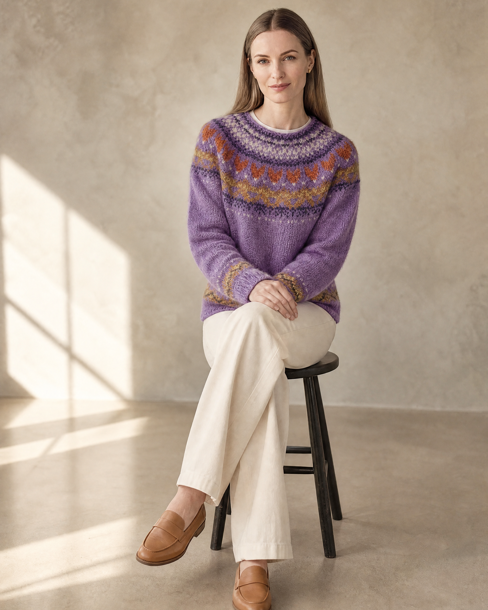 Women's Multicolour Patterned Crew Neck Sweater in Lilac, stool, legs crossed, worn by model