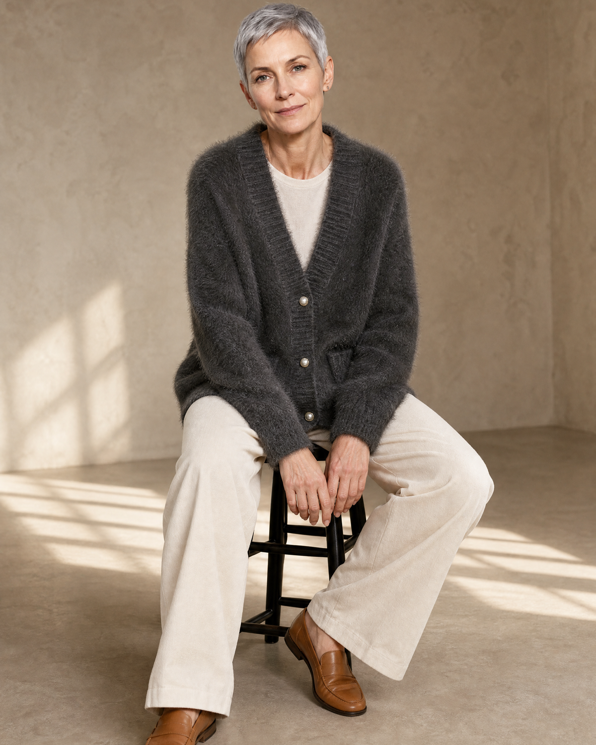 Women's Fuzzy Button Cardigan with Patch Pockets in Grey, perched on stool edge, worn by model