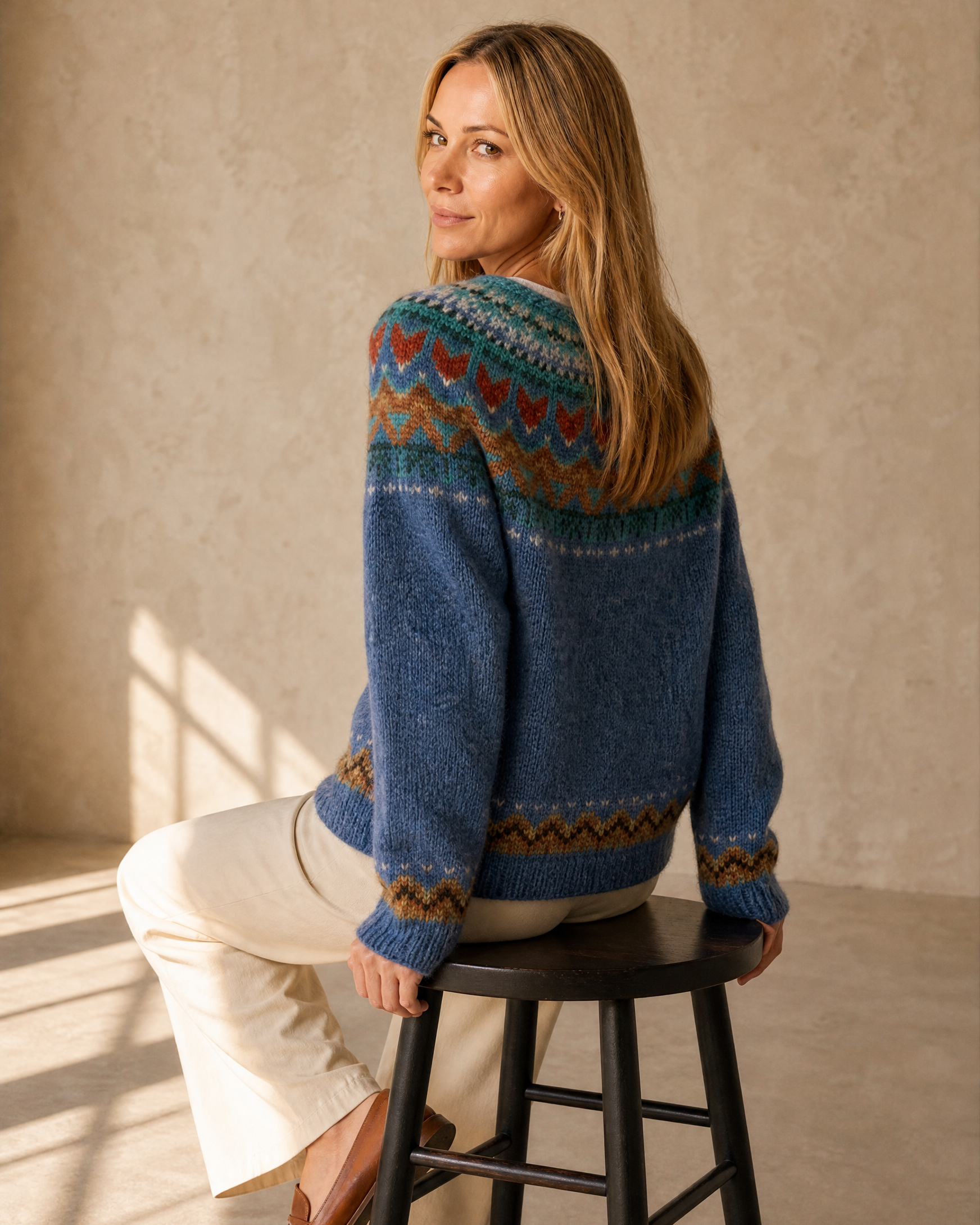 Women's Multicolour Patterned Crew Neck Sweater in Blue, stool, back turned, worn by model