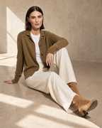 Women's Stand Collar Button Front Cardigan in Deep Camel Color, floor, legs extended, worn by model
