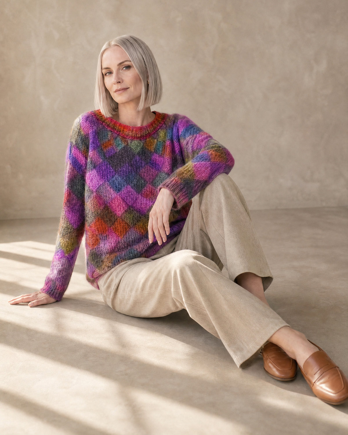 Women's Multicolour Patterned Crew Neck Sweater in Square, floor, legs extended, worn by model
