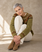 Women's Multicolour Patterned Crew Neck Sweater in Olive, floor, knees up, worn by model