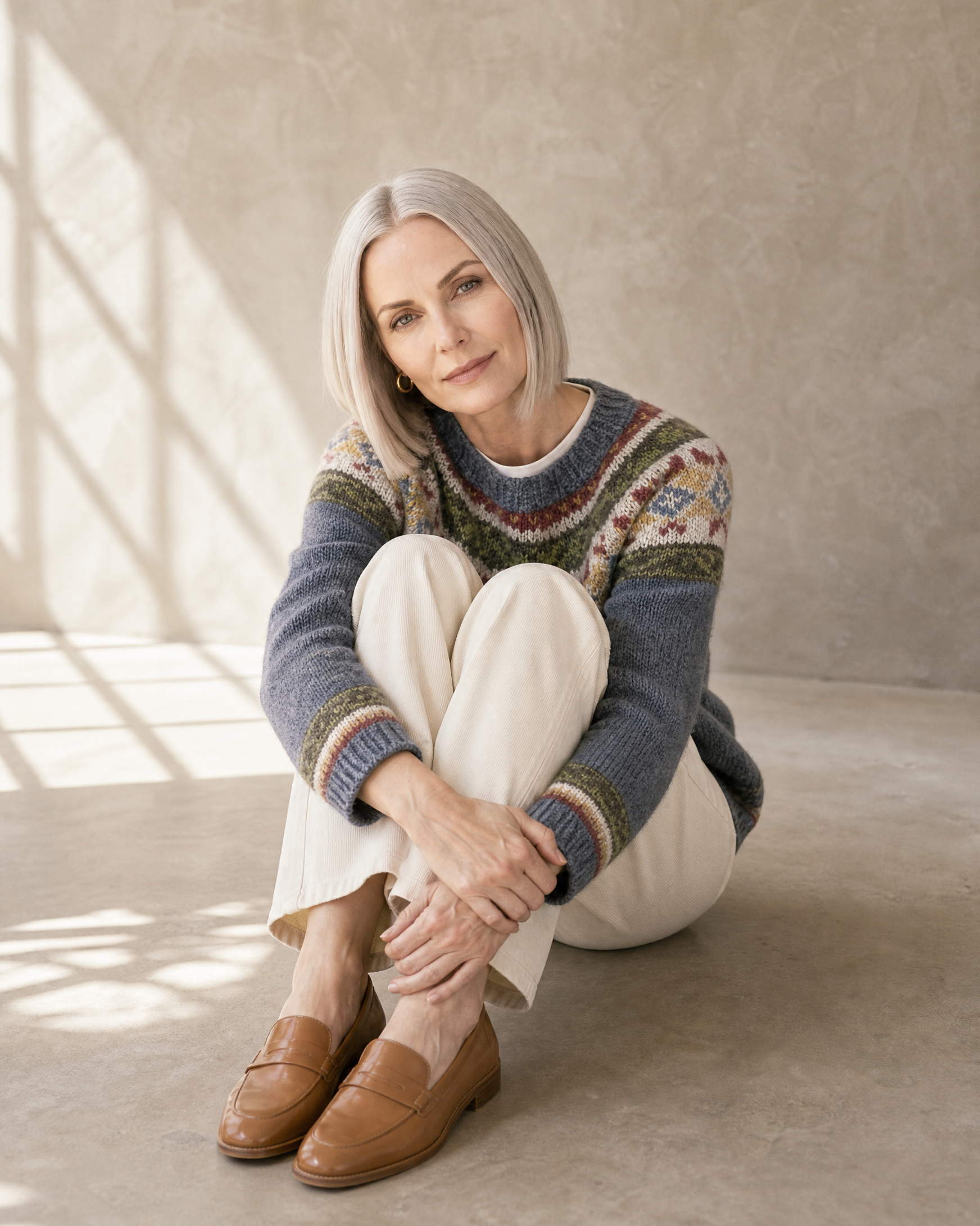Women's Fashionable Pullover Sweater Top in Sea Blue, floor, knees up, worn by model