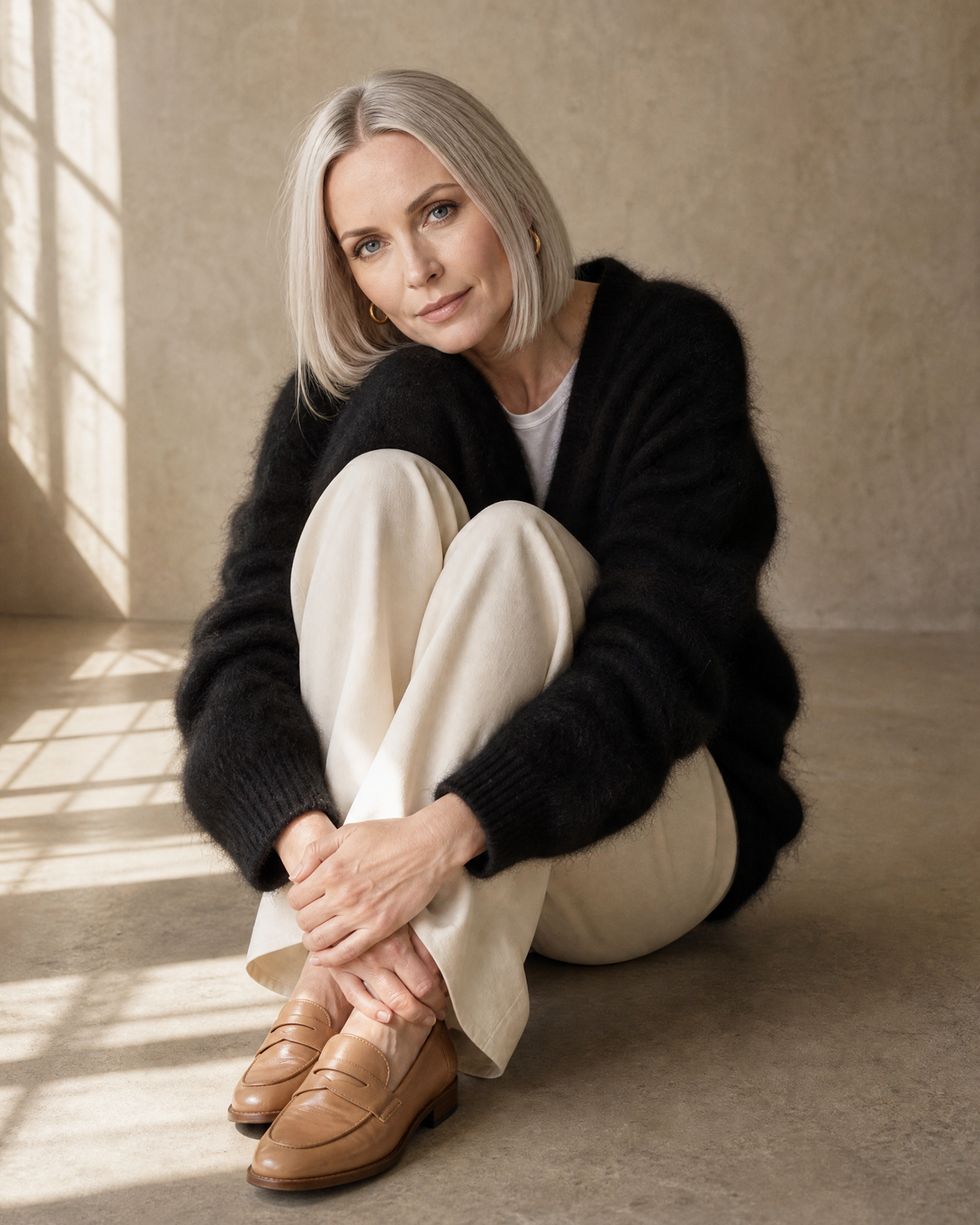 Women's V-Neck Button Cardigan with Pockets in Black, floor, knees up, worn by model
