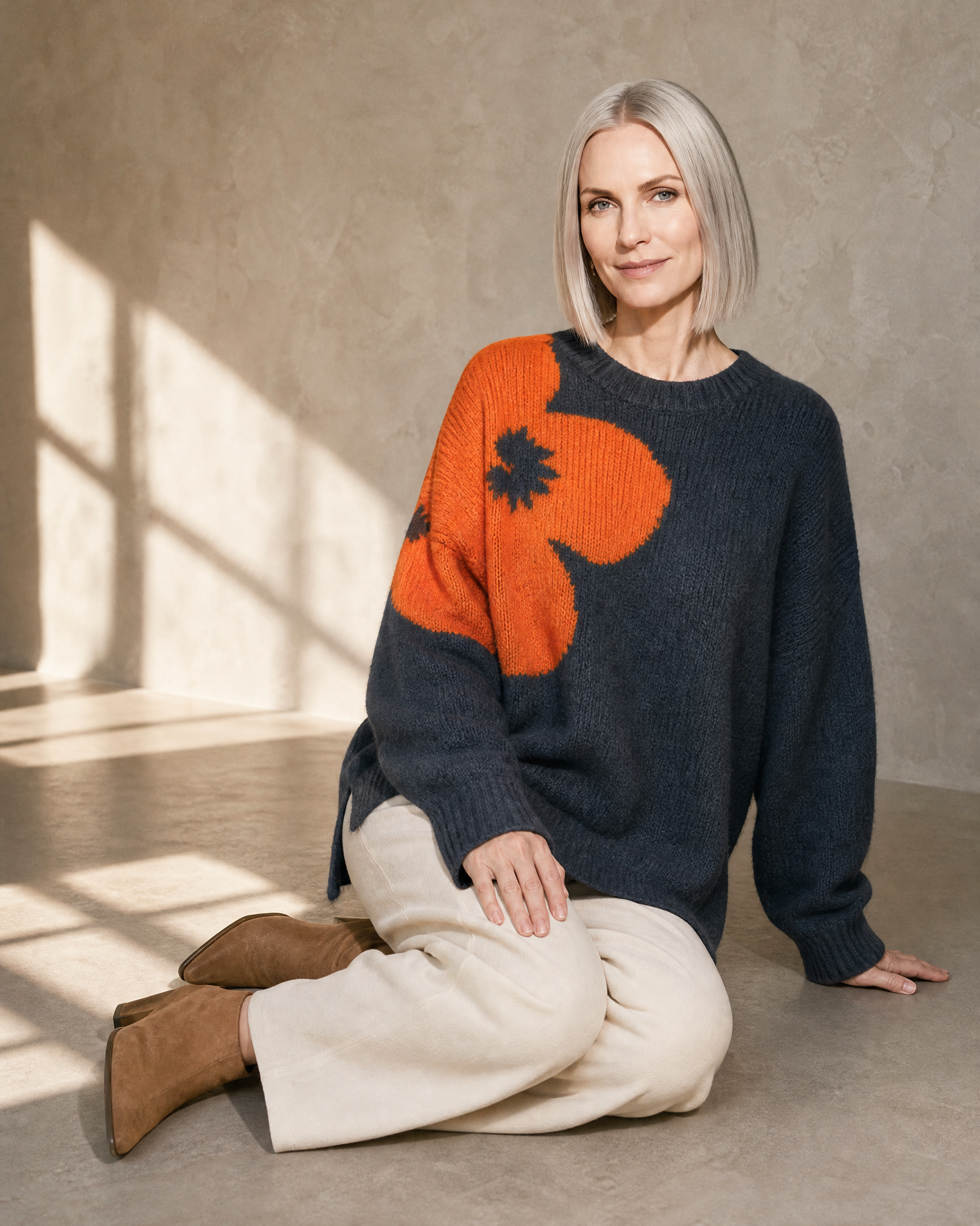 Women's Fashionable Pullover Sweater Top in Charcoal, floor, side sit, worn by model