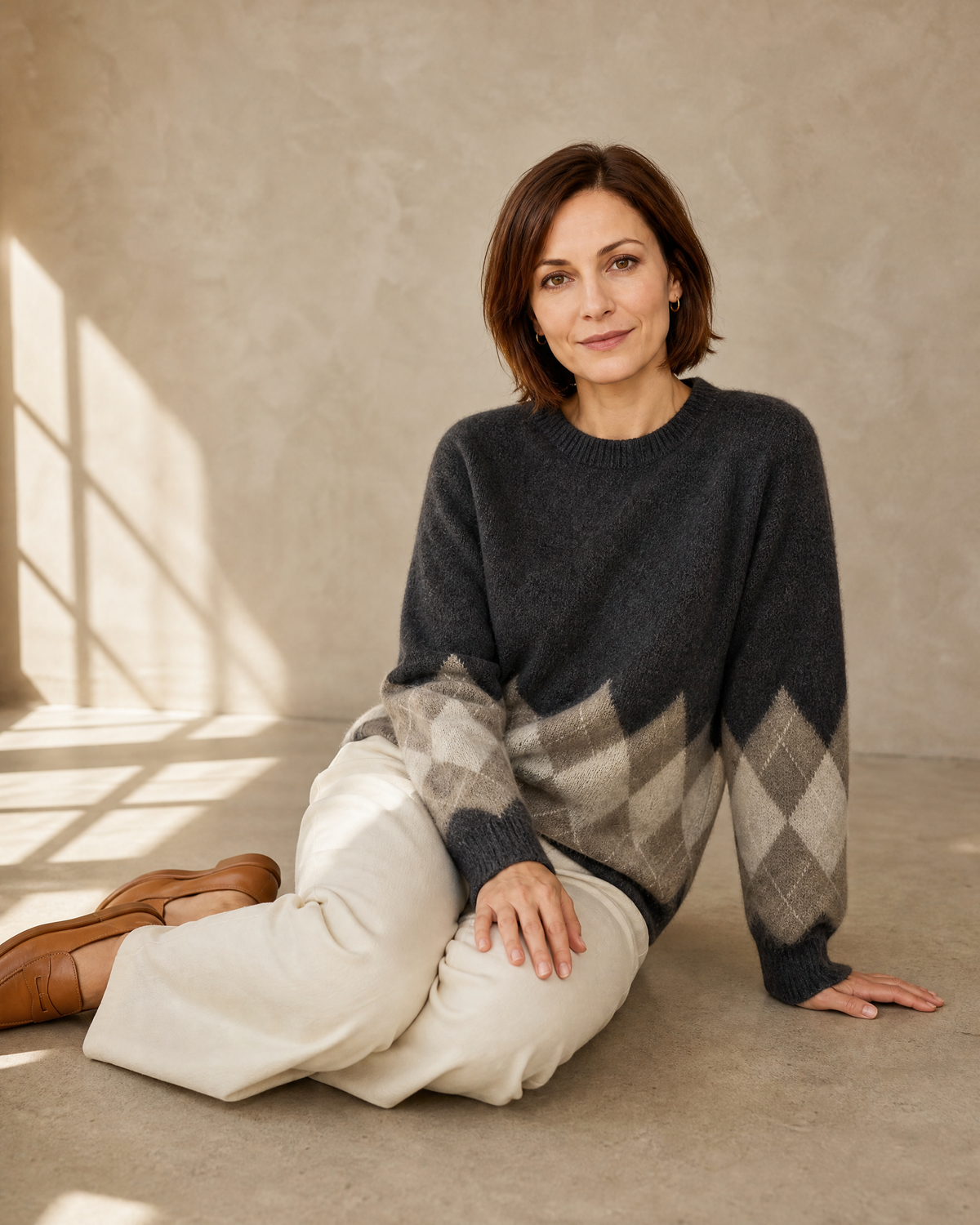 Women's Colour Block Argyle Knit Sweater in Dark Gray, floor, side sit, worn by model