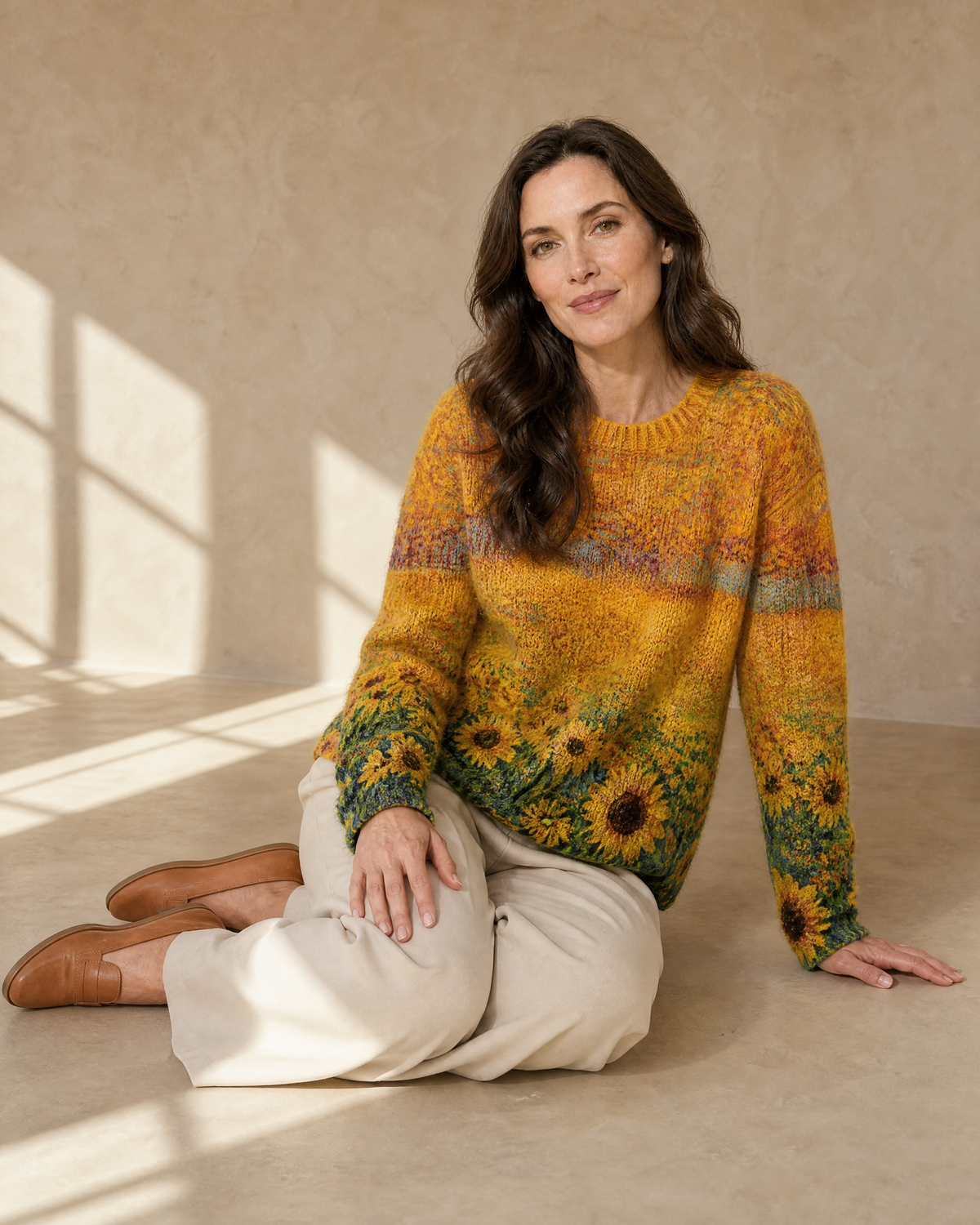 Women's Multicolour Patterned Crew Neck Sweater in Sunflower, floor, side sit, worn by model