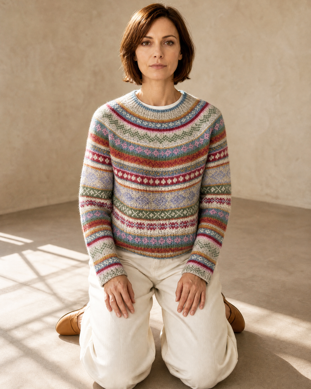 Women's Multicolour Patterned Crew Neck Sweater in Purple, kneeling upright, worn by model