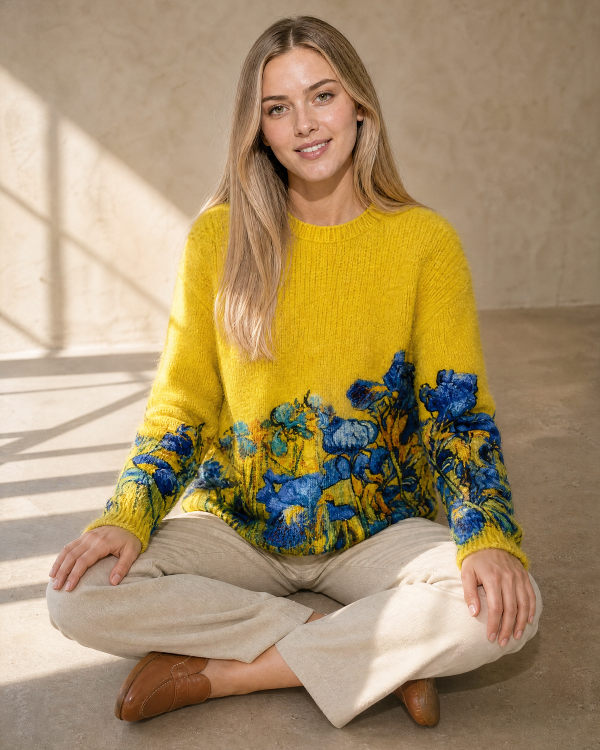Women's Multicolour Patterned Crew Neck Sweater in Bright Yellow, floor, cross-legged, worn by model