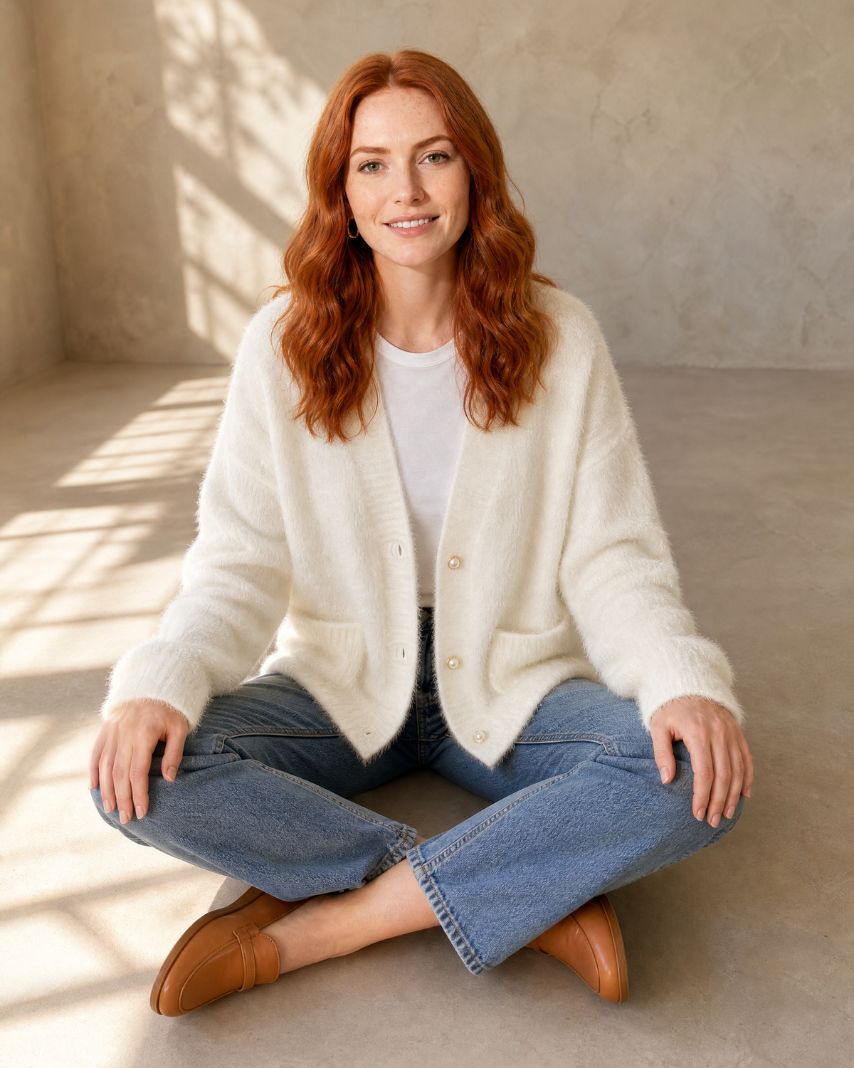 Women's Fuzzy Button Cardigan with Patch Pockets in White, floor, cross-legged, worn by model