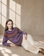 Women's Multicolour Patterned Crew Neck Sweater in Lilac, floor, propped on elbow, worn by model