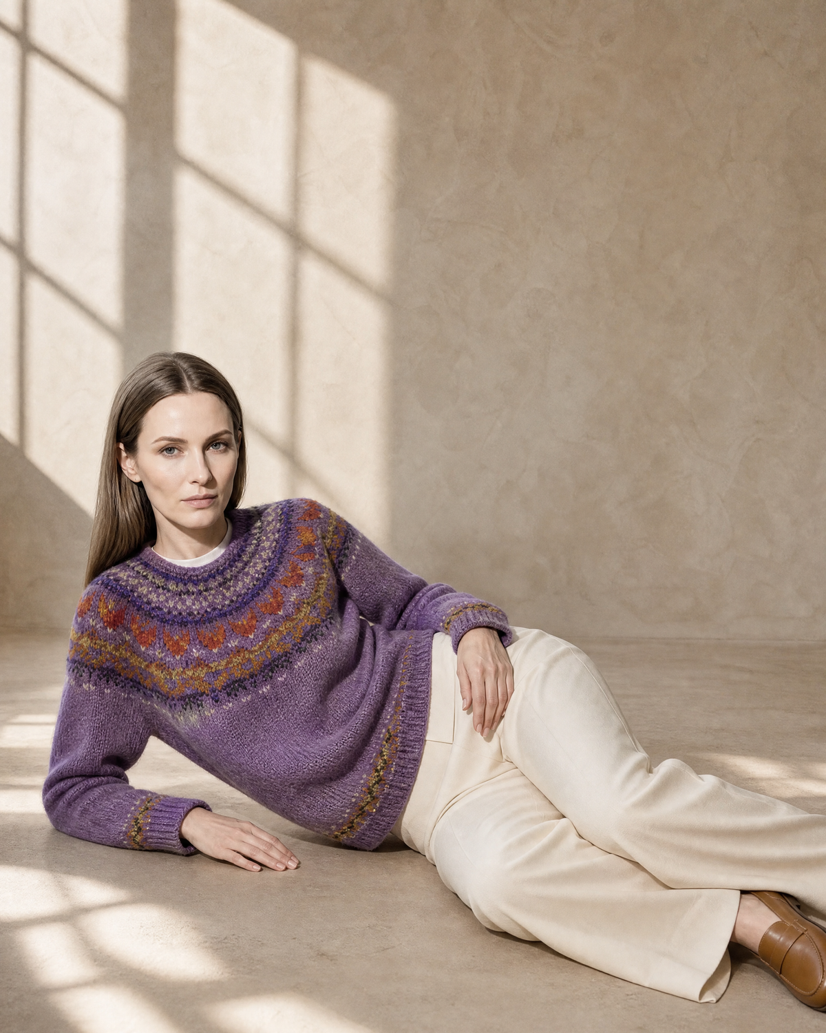 Women's Multicolour Patterned Crew Neck Sweater in Lilac, floor, propped on elbow, worn by model