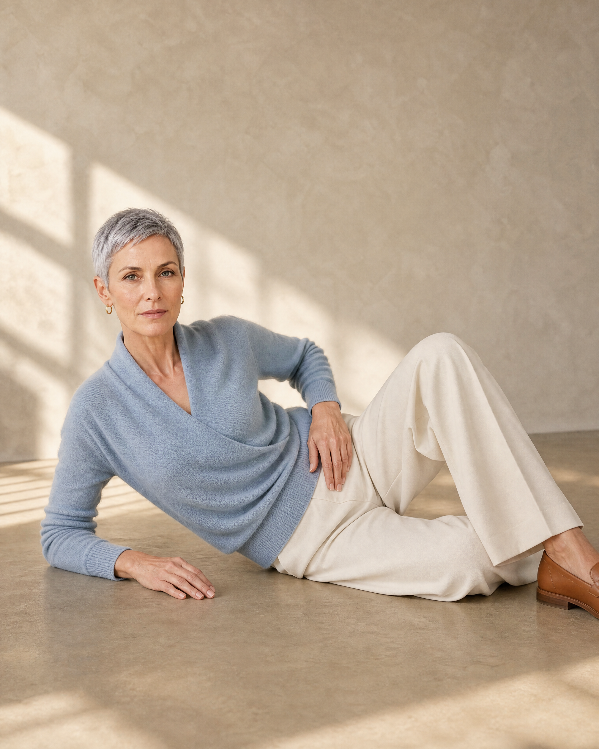 Women's Wrap V-Neck Knit Sweater for Everyday Layering in Stone blue, floor, propped on elbow, worn by model