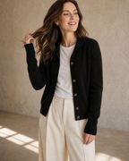Women's Stand Collar Button Front Cardigan in Black, hair toss mid-motion, worn by model