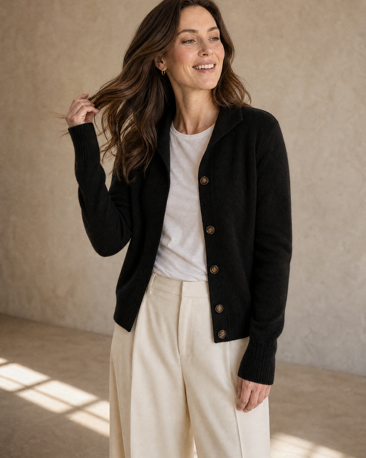 Women's Stand Collar Button Front Cardigan in Black, hair toss mid-motion, worn by model