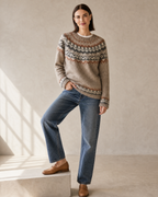 Women's Multicolour Patterned Crew Neck Sweater in Camel, step onto plinth, worn by model