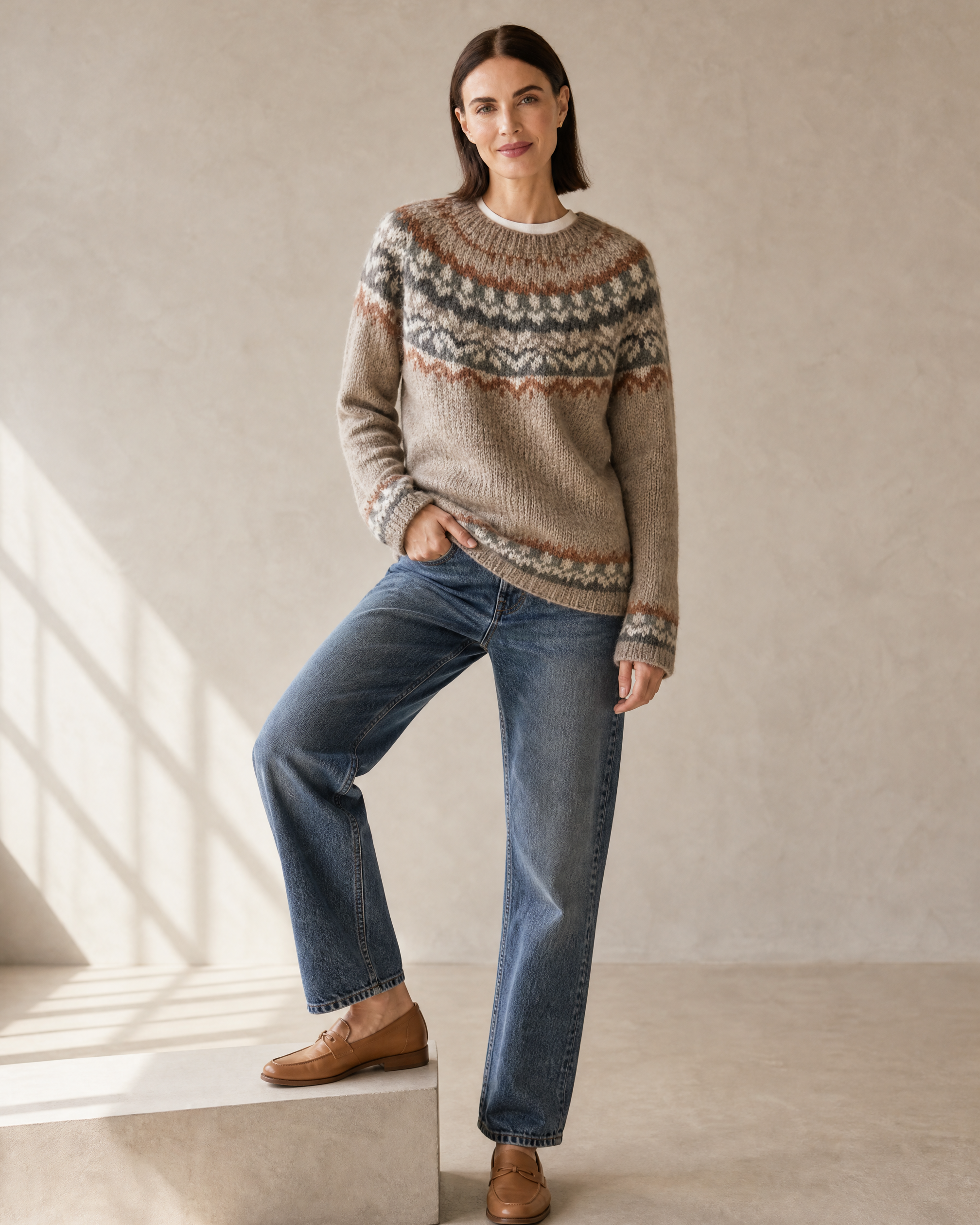Women's Multicolour Patterned Crew Neck Sweater in Camel, step onto plinth, worn by model