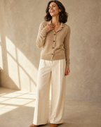 Women's Stand Collar Button Front Cardigan in Camel, mid-laugh candid, worn by model