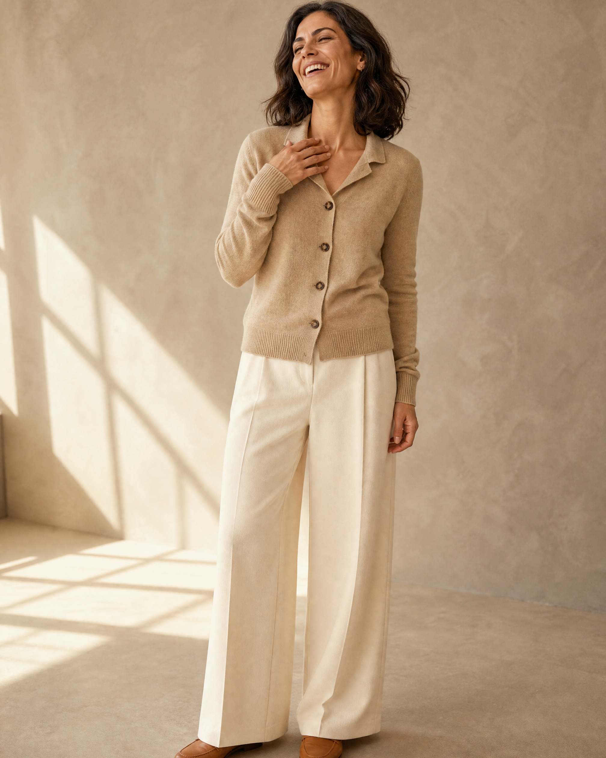 Women's Stand Collar Button Front Cardigan in Camel, mid-laugh candid, worn by model