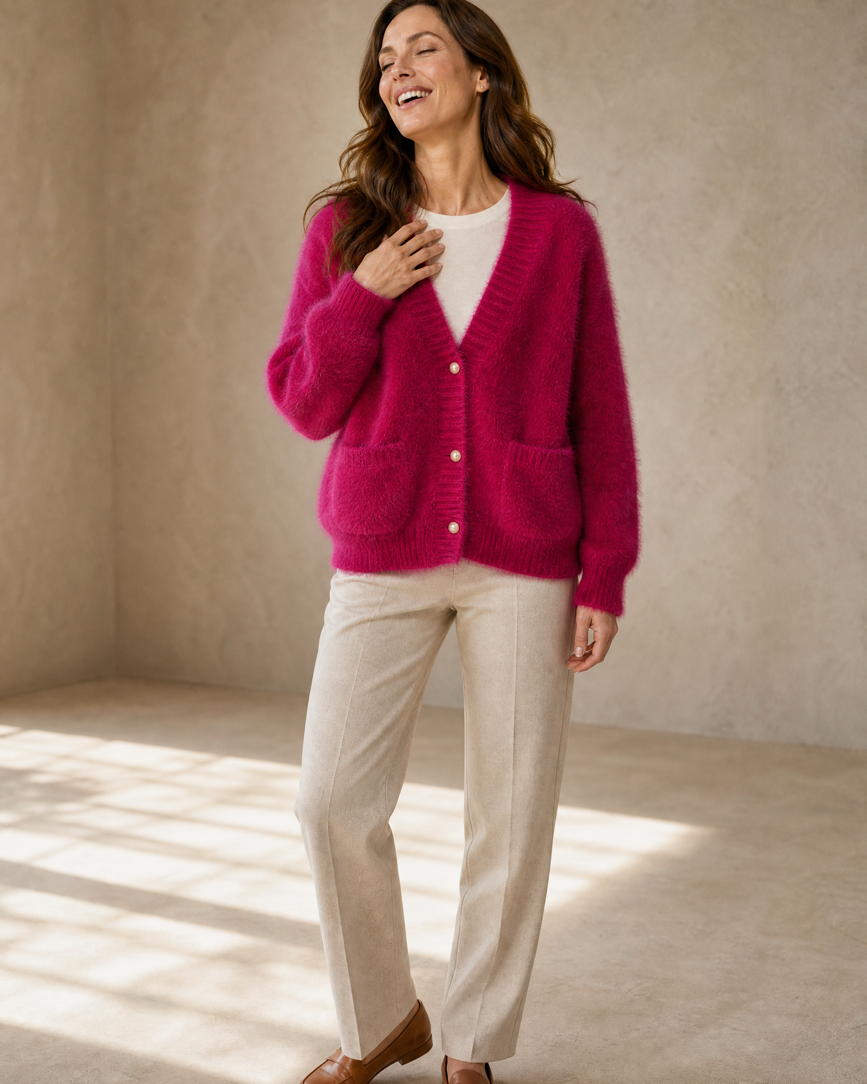 Women's Fuzzy Button Cardigan with Patch Pockets in Rose Red, mid-laugh candid, worn by model