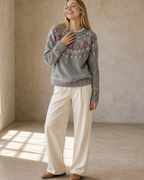 Women's Multicolour Patterned Crew Neck Sweater in Pink Diamond, mid-laugh candid, worn by model