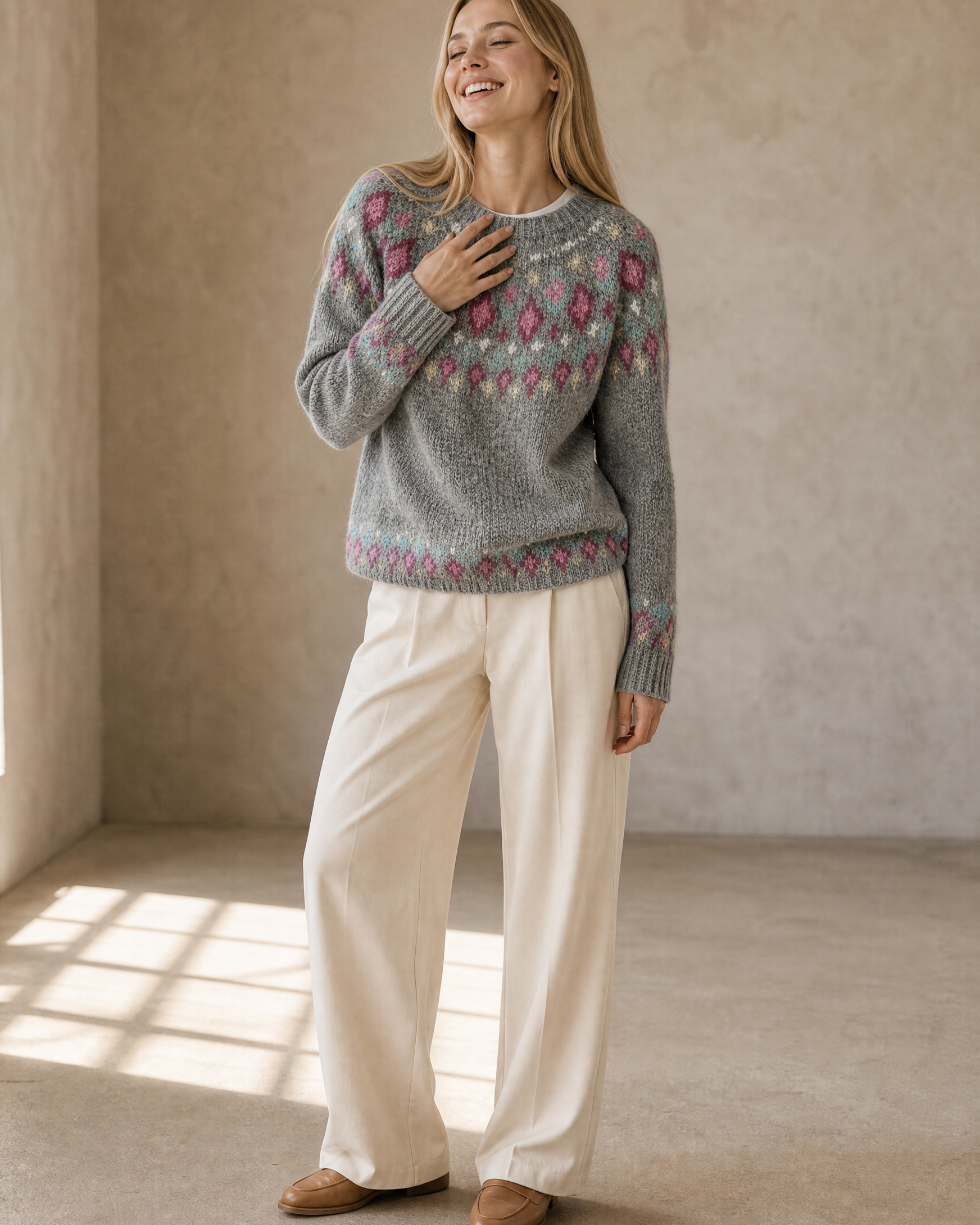 Women's Multicolour Patterned Crew Neck Sweater in Pink Diamond, mid-laugh candid, worn by model