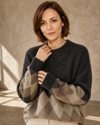 Women's Colour Block Argyle Knit Sweater in Dark Gray, collar detail close-up, worn by model