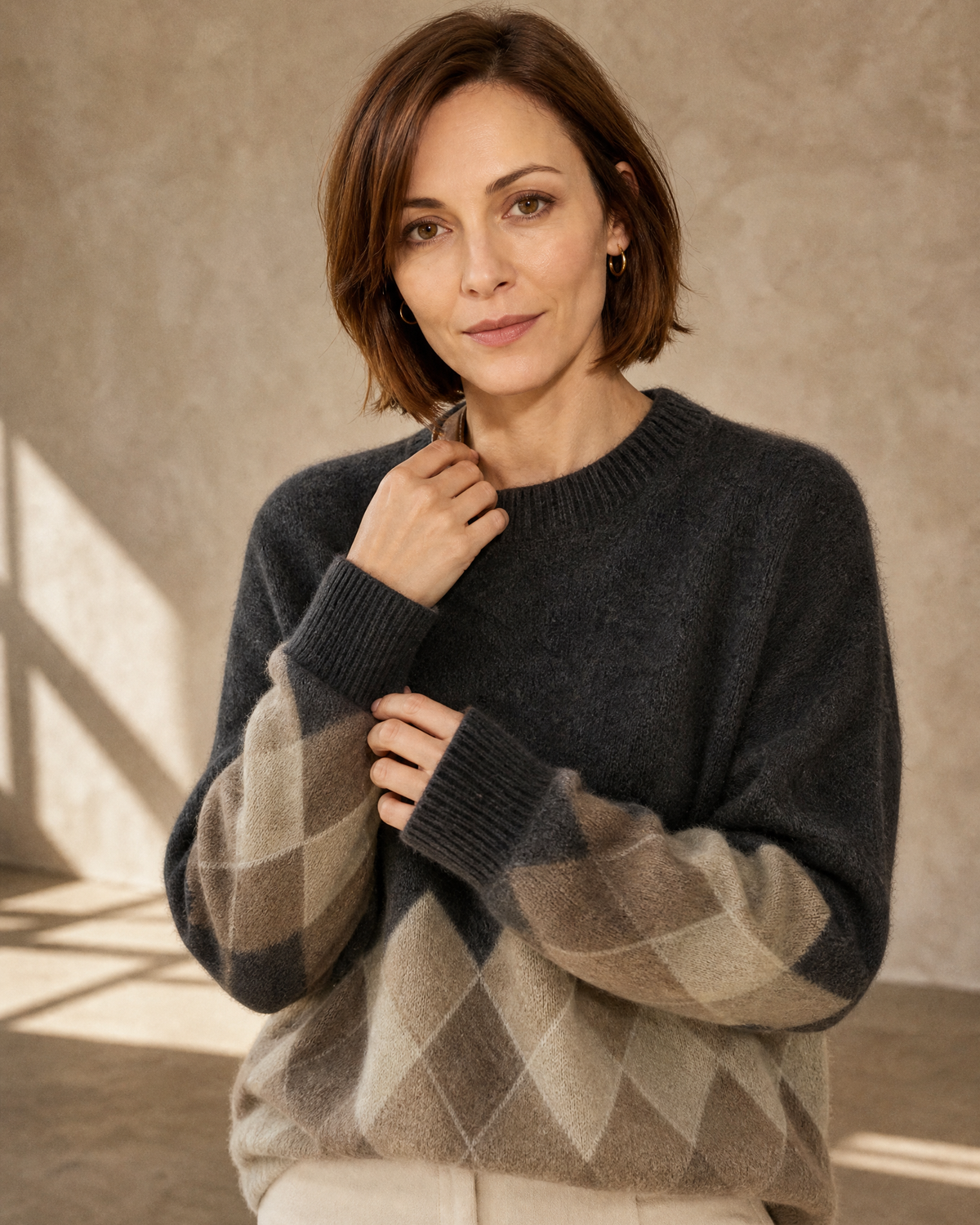 Women's Colour Block Argyle Knit Sweater in Dark Gray, collar detail close-up, worn by model