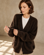 Women's V-Neck Button Cardigan with Pockets in Brown, cuff detail close-up, worn by model